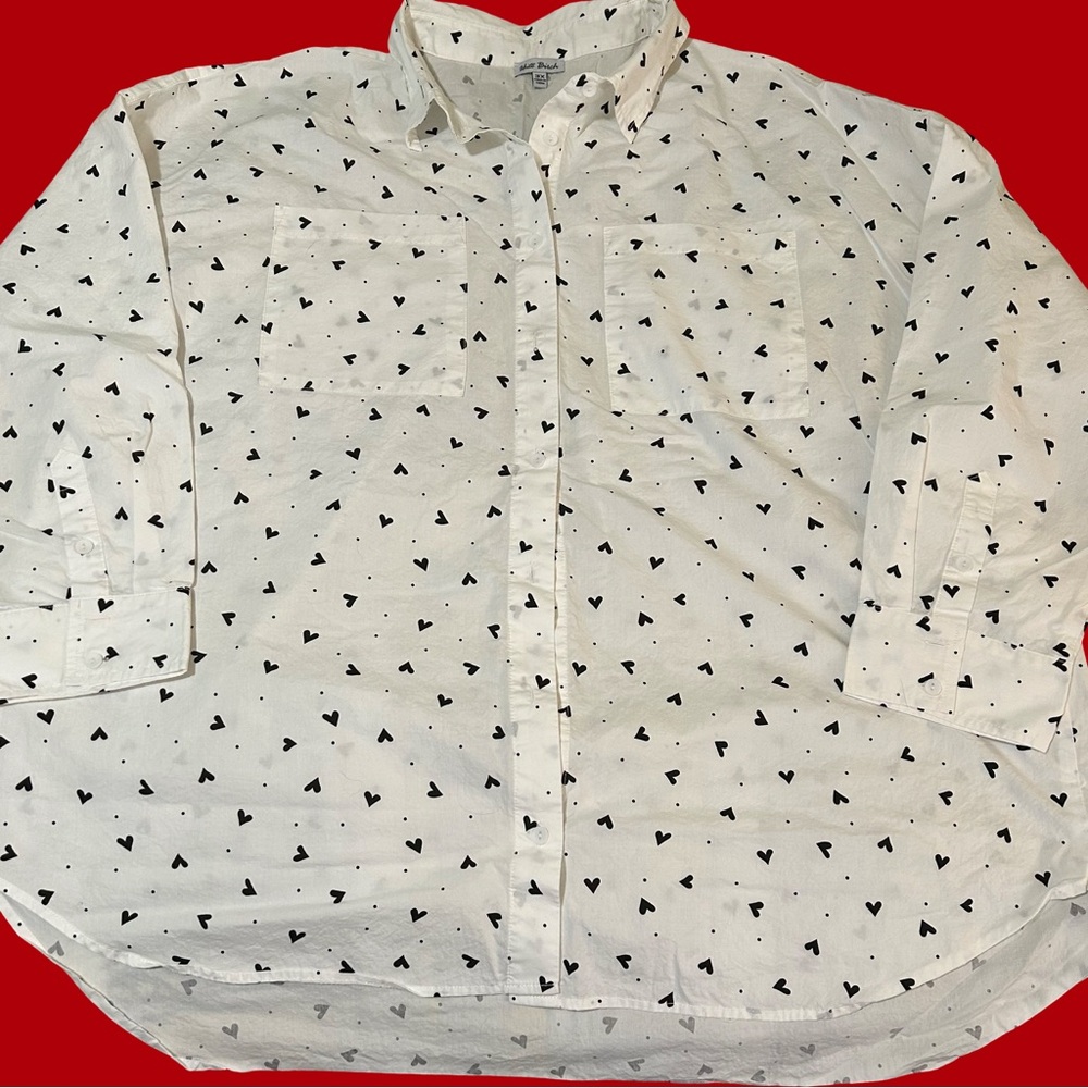 NWT! White Birch + size 3X. Oxford Button up w/ hearts and dots. Front Pockets - Picture 11 of 15